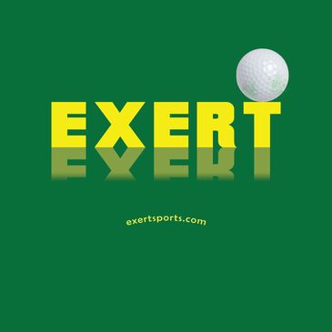 yellow letters  spell Exert with a white golf ball sitting on top of the letter T, green background