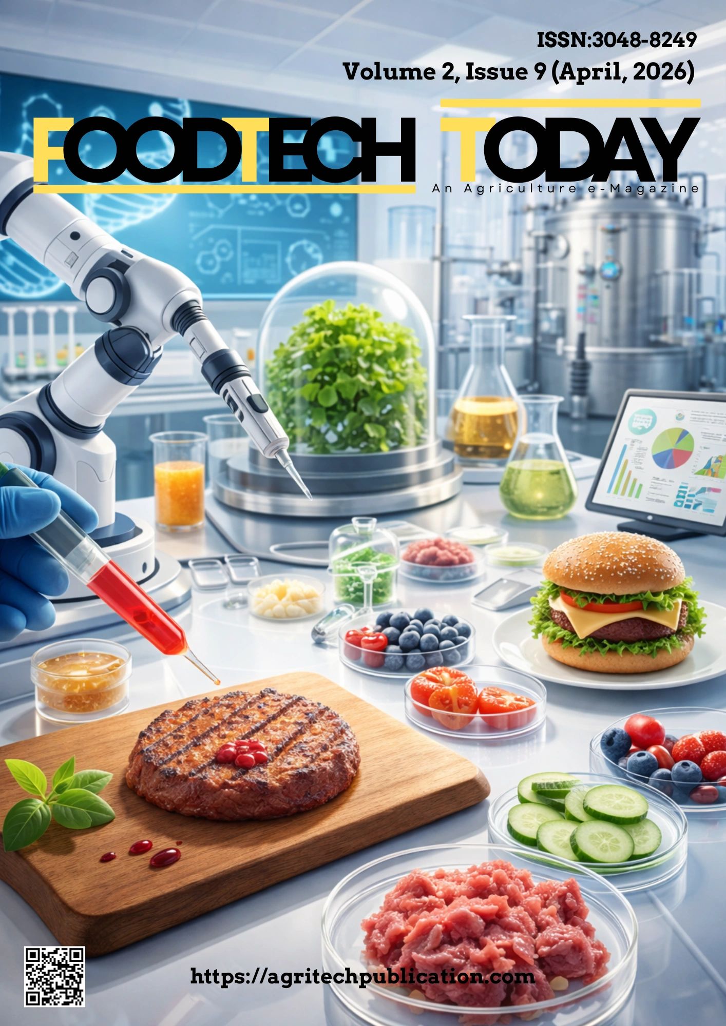 A futuristic food tech lab with lab-grown burger patties and fresh ingredients.
