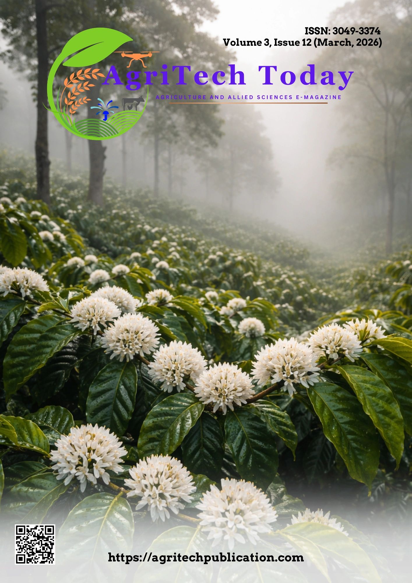 Coffee plants in full bloom on a misty farm, featured on AgriTech Today cover.