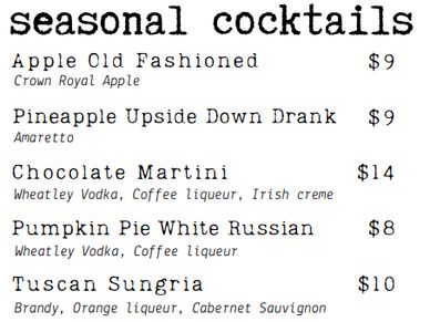 Menu listing seasonal cocktails with prices and ingredients.