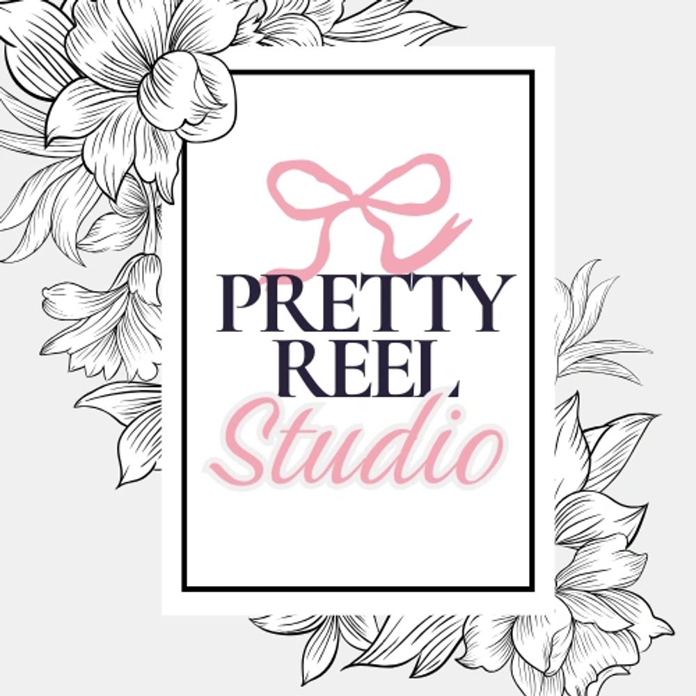 Elegant logo for Pretty Reel Studio with floral accents and a pink bow.