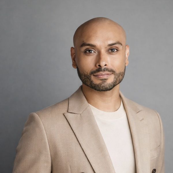 Confident bald man with a trimmed beard in a beige blazer and white shirt.