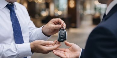 Overhandiging van autosleutel van de klant aan de chauffeur in zakelijke kledij