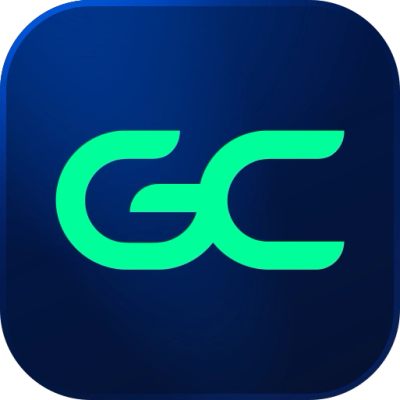 Logo with stylized letters GC in green on blue background.