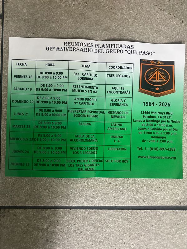 Horario de reuniones para el 62º aniversario del grupo "Que Pasó".