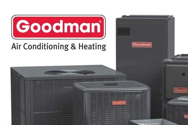 Goodman air conditioning and heating units displayed with brand logo.
