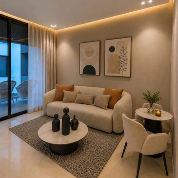 Modern living room with beige sofa and abstract art.
