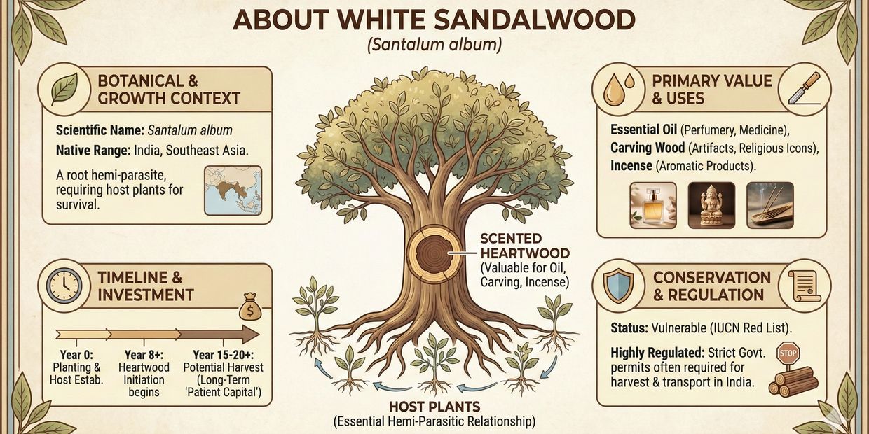 Illustration detailing white sandalwood's botanical info, uses, timeline, and conservation status.