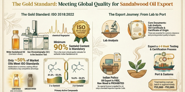 Infographic outlining ISO standards and export process for Indian sandalwood oil.