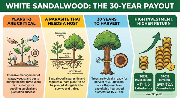 White sandalwood requires 30 years to harvest with critical early care and a host plant for high returns.