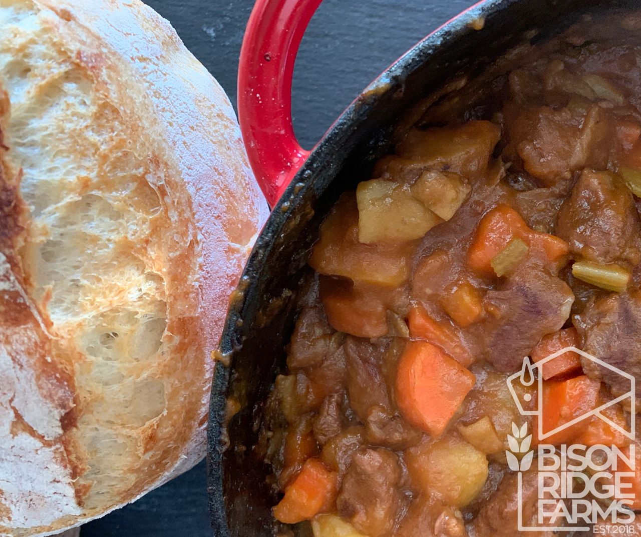 Finished bison stew in a Dutch oven