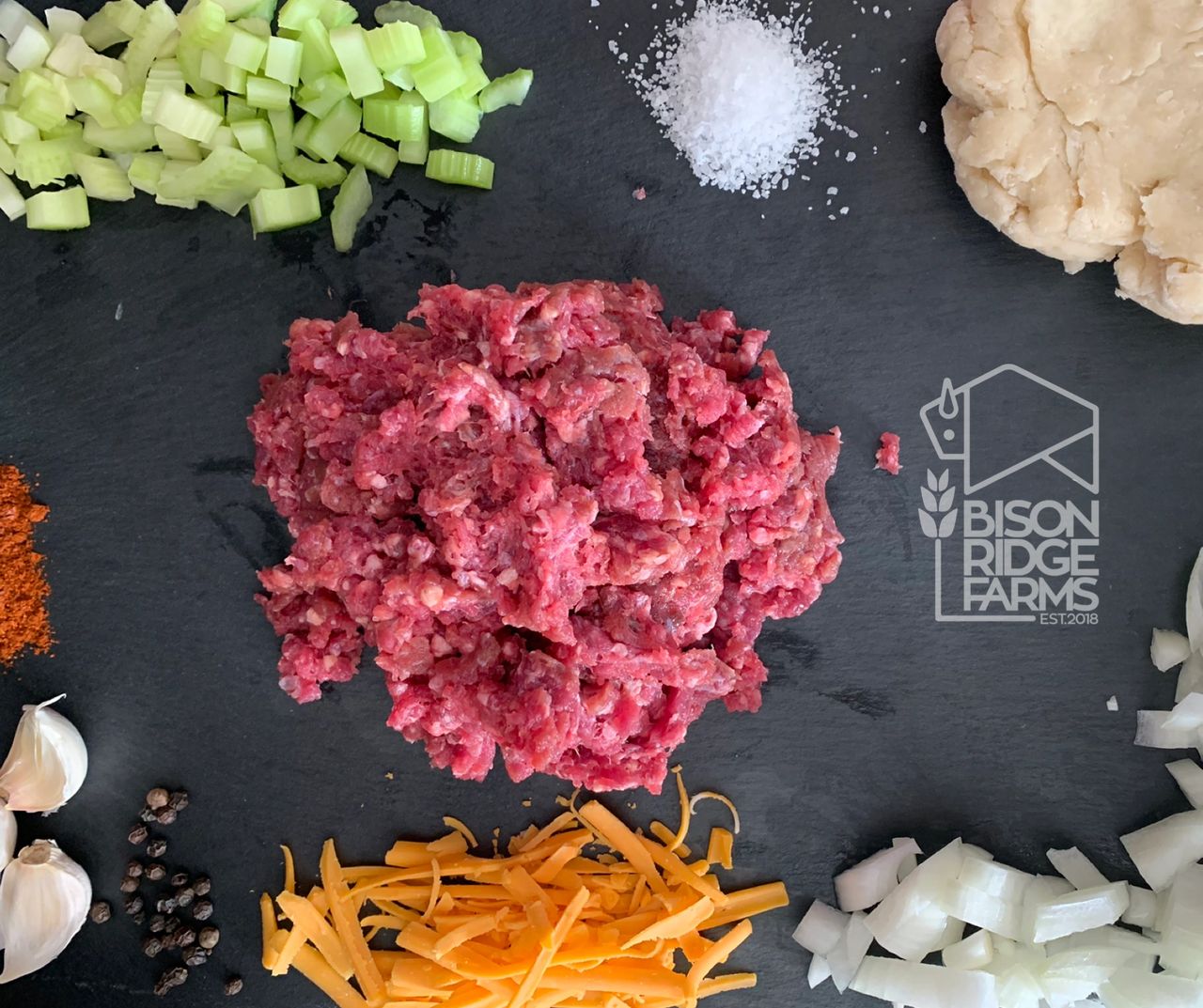 Ingredients to make bison and cheddar pie