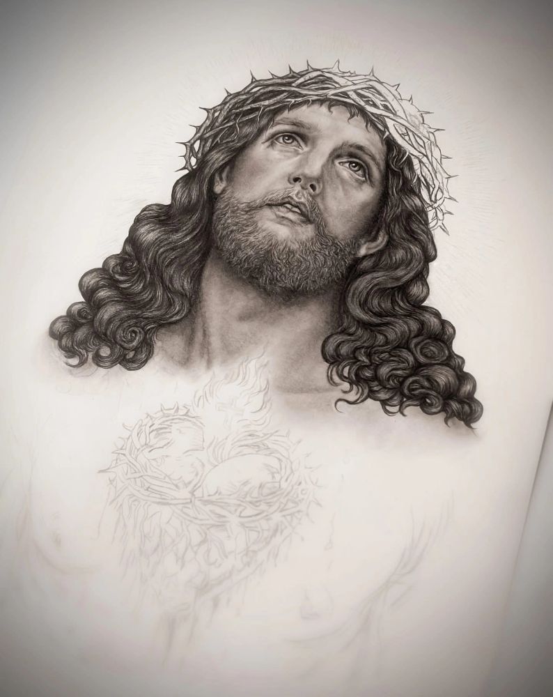 Jesus Christ Portrait Drawing Lysa Karell, Sacred Heart Biblical realism art, religious iconography