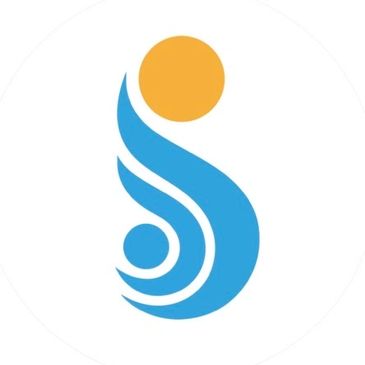 Abstract logo with blue and orange shapes forming a stylized figure.