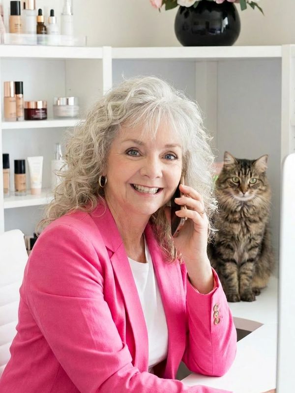 Smiling woman in pink jacket talking on phone with a cat in the background.