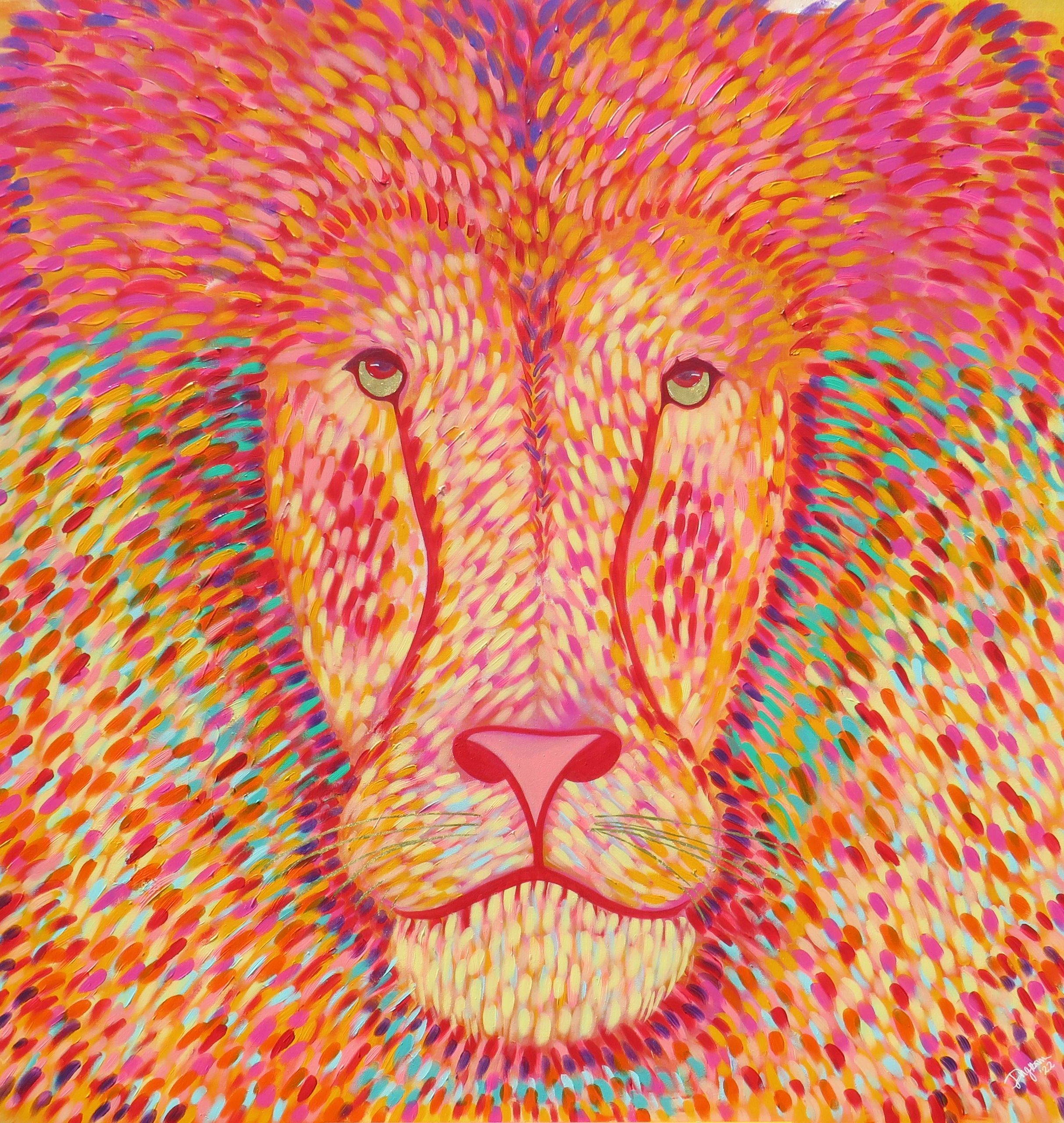 Picture of a lion painted by Jerrine Thomas, acrylic paint & gold leaf, titled "King of the Jungle"