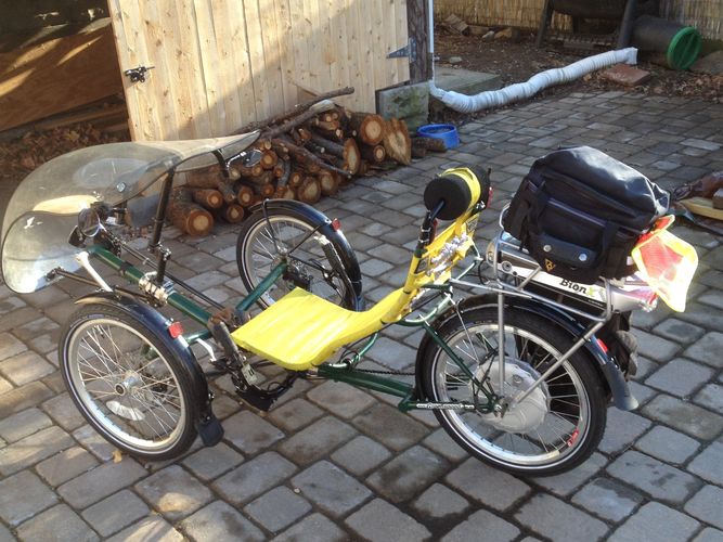 My human/electric hybrid tadpole trike, upon which, at 77, I average 15 mph in city traffic.
