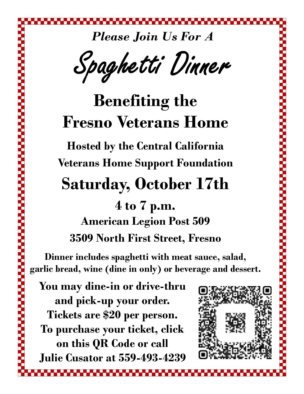Spaghetti Dinner fundraiser for Fresno Veterans Home on October 17th.
