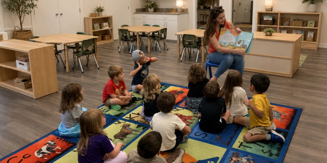 Teacher reading to children seated on a colorful rug in a classroom.