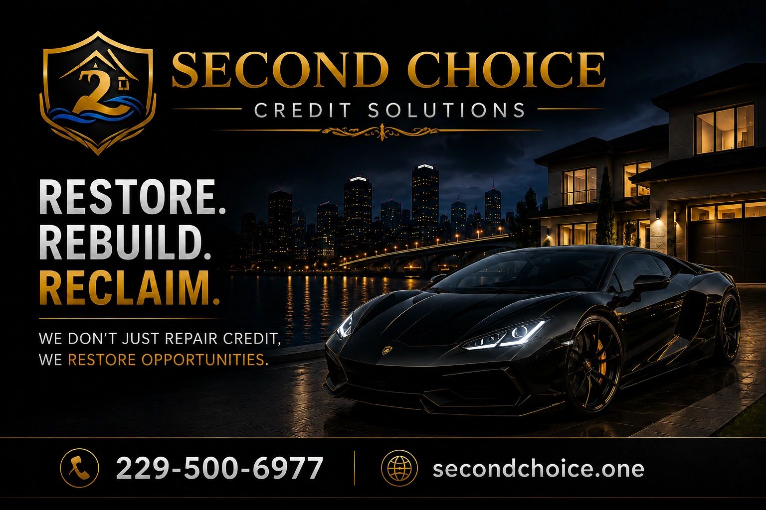 Luxury car and mansion at night promoting credit repair services.