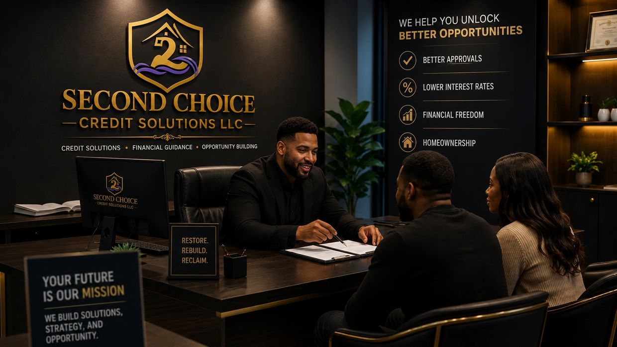Financial advisor consulting a couple at Second Choice Credit Solutions LLC office.