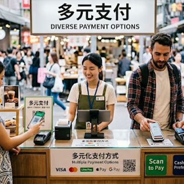 A cashier and customers using diverse mobile payment options at a store counter.