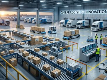 High-tech warehouse with automated logistics and workers managing operations.