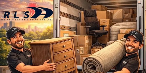 Two movers carrying furniture and a rolled carpet into a van at sunset.