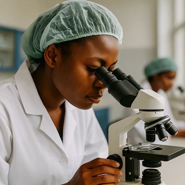 Female scientist examining samples through a microscope in a lab.