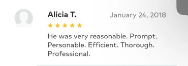 Five-star review praising prompt, personable, and professional service.