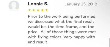 A 5-star positive customer review praising clear communication and excellent results.