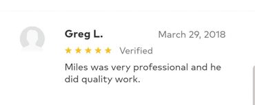 A 5-star verified review praising Miles for professional, quality work.