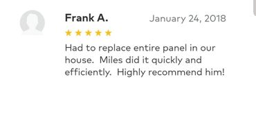 Five-star review praising Miles for quick and efficient panel replacement.