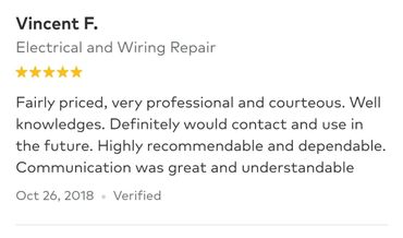 Positive review for electrical repair by Vincent F., praising professionalism and communication.