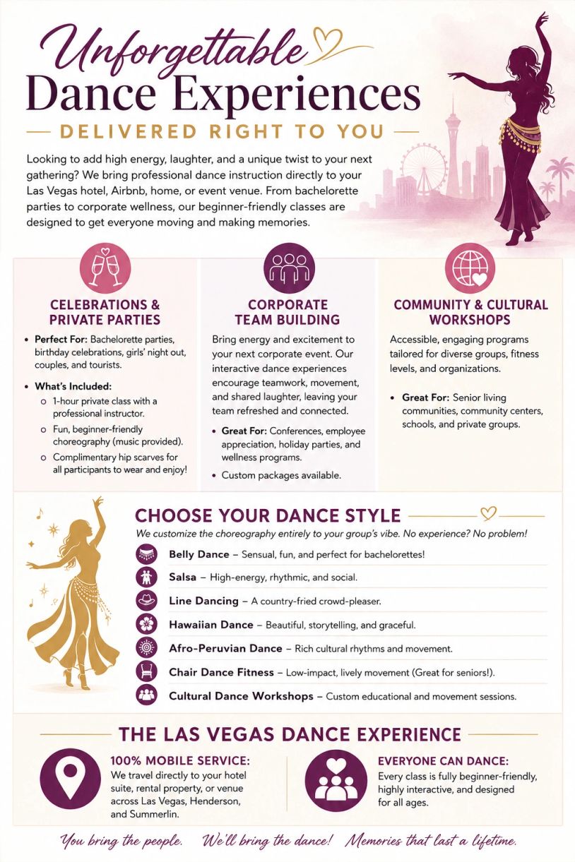 Flyer for unforgettable dance experiences with various styles and options.