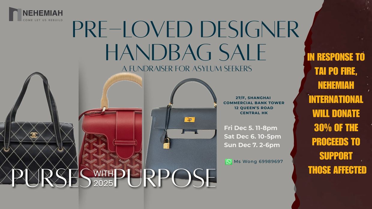 Pre-loved designer handbag sale fundraiser supporting asylum seekers and Tai Po fire victims.
