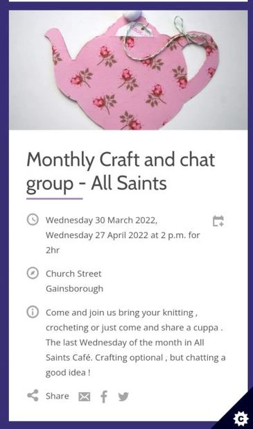 The Craft and Chat group at All Saints Church, Gainsborough meet on the last Weds of each month.