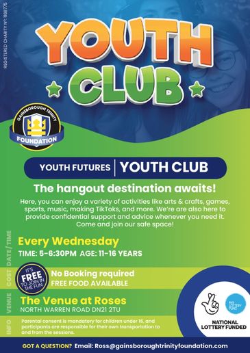 Youth Club. Ages 11yrs - 16yrs. Weds 5pm -  6.30pm. The Venue, Roses Sports Field, Gainsborough.