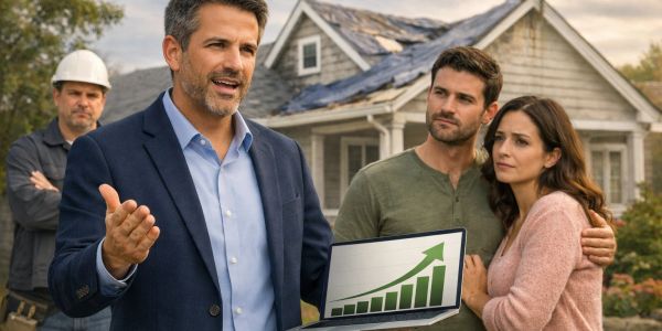 Agent showing a rising graph to a couple near a damaged house.
