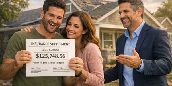 Happy couple receiving a large insurance settlement check.