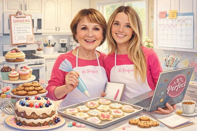 Two women baking and decorating cookies together in a cozy kitchen.