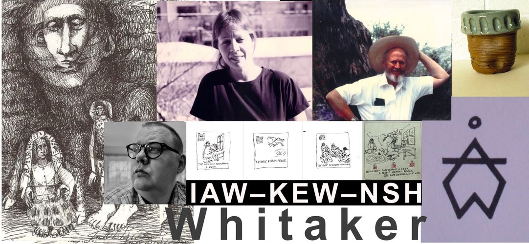 Collage featuring portraits, drawings, pottery, and symbols related to IAW-KEW-NSH Whitaker.