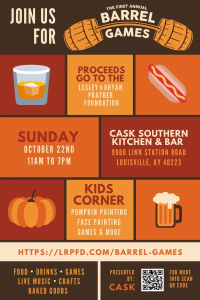 Flyer for the first annual Barrel Games event with food, drinks, and kids activities.