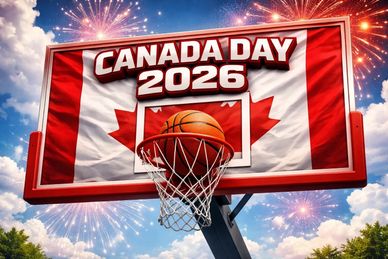 Basketball hoop with Canada Day 2026 banner and fireworks in the sky.