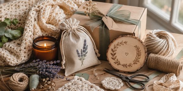 Cozy handmade gift set with lavender, candle, and crochet items.