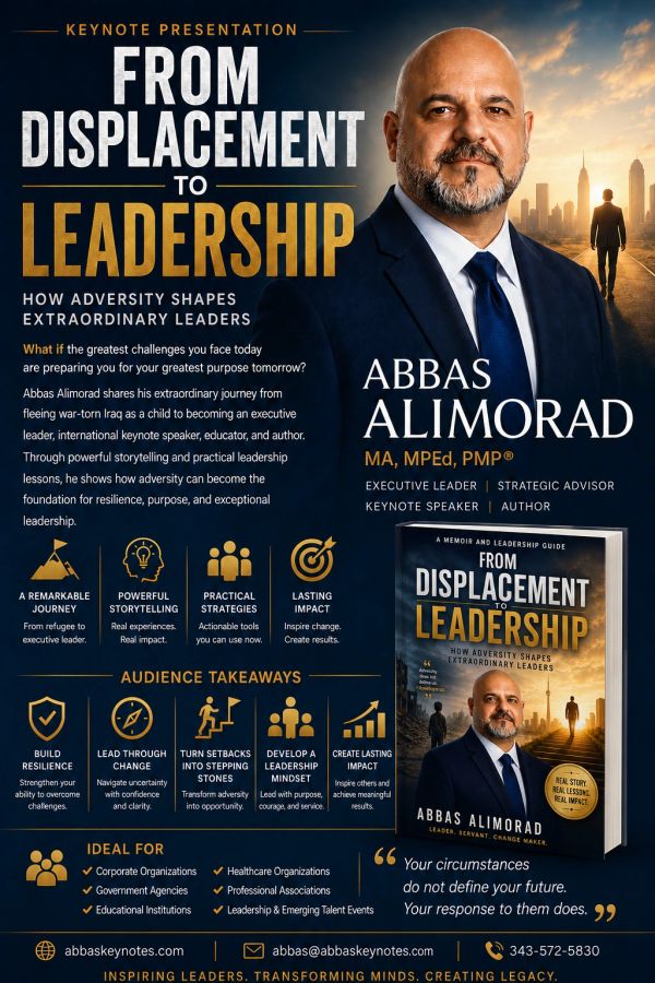 Promotional poster for Abbas Alimorad's keynote presentation on leadership shaped by adversity.
