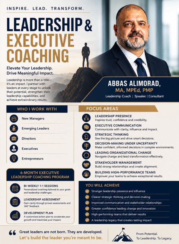 Leadership and executive coaching by Abbas Alimorad to elevate leadership skills.