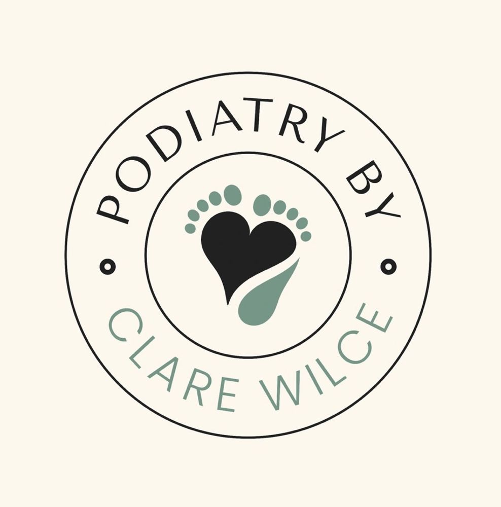 Logo for Podiatry by Clare Wilce with feet and heart design.