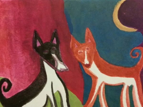 Abstract painting of two dogs under a crescent moon with colorful background.