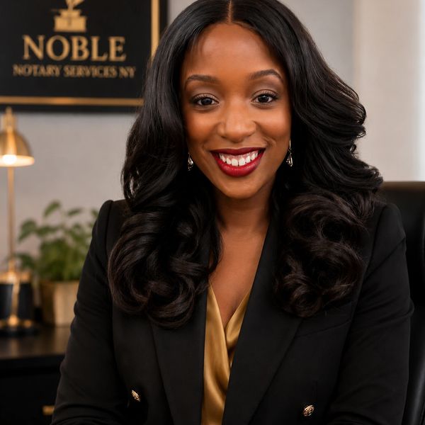 Professional woman smiling confidently in office with Noble Notary Services NY sign.